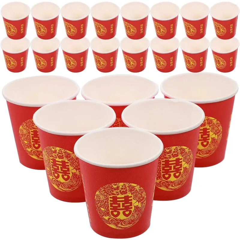 Copas descartáveis palhas 100 pcs vermelho dupla felicidade vidro papel prático papel de mesa festiva de mesa