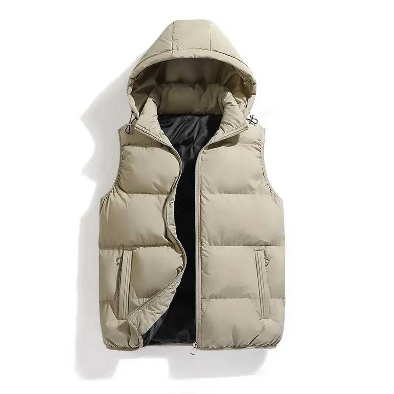メンズベスト冬のベストノースリーブジャケットダウンメンズフード付きウォームカジュアルアウトウェアハット取り外し可能な外側ブランド衣類231020