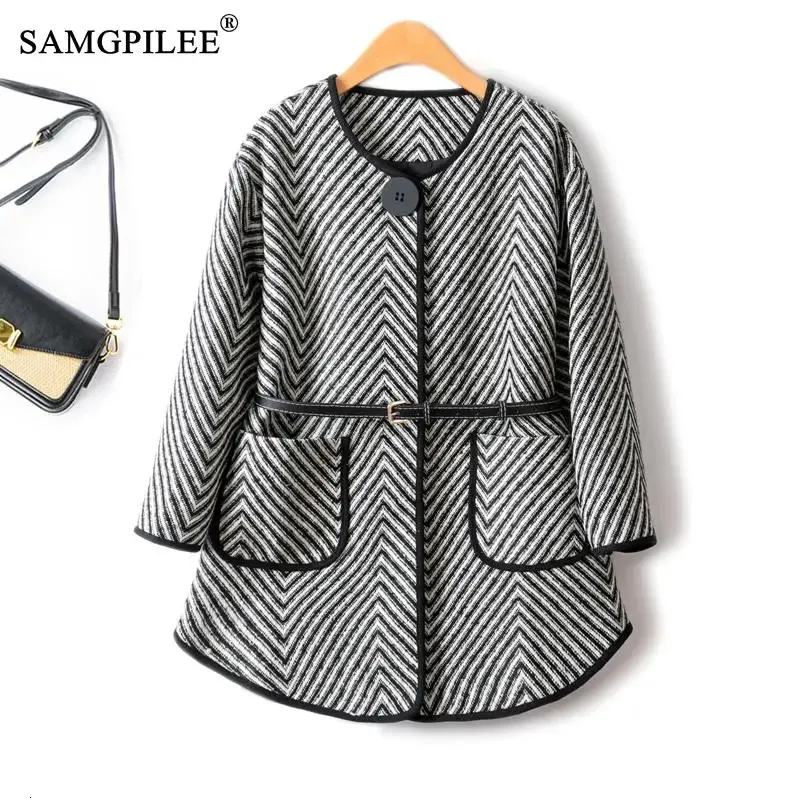 Women's Wool Blends Korean Dongdaemun Autumn HerringBone Single Button Belted Twill Mid Length Pending Winter Woolen Coats for Women 4XL 231020