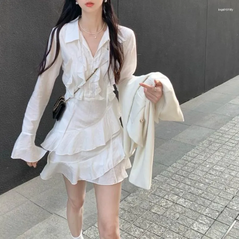 Casual Dresses Deeptown Y2k Fairycore White Dress Women Korean Fashion Long Flare Sleeve Ruffles Two Layer Lace-up Ruched Mini Cocktail