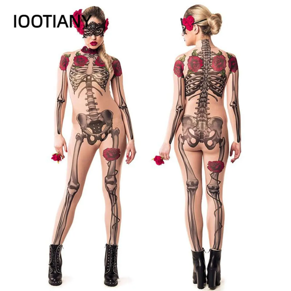 Tuta con scheletro di teschio e rosa Costume cosplay a maniche lunghe a collo alto sexy Tuta elastica attillata per Halloween