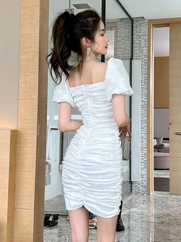 Womens Summer Mini Dress: Elegant Shiny Diamond Puff Sleeve