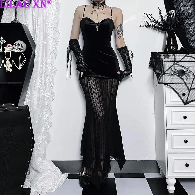 Vestidos casuais goth sexy alta fenda oca out bodycon festa y2k vintage preto ilhó bandagem lace-up manga longa mini vestido streetwear