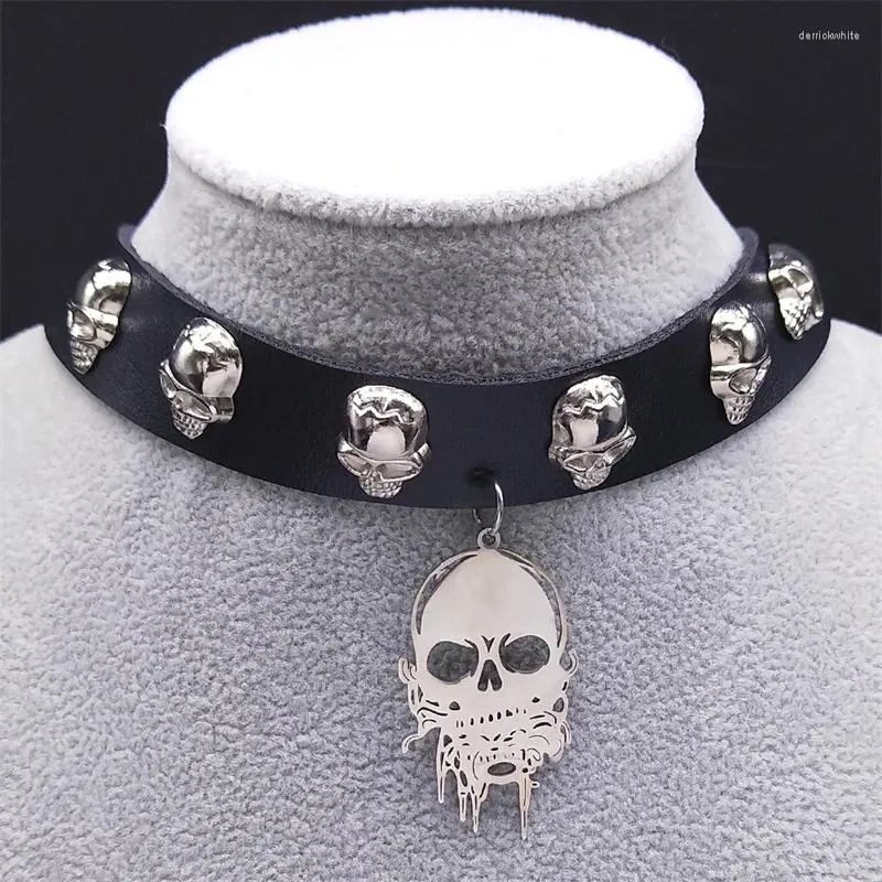 Hanger Kettingen Punk Schedel PU Lederen Ketting Harajuku Gothic Cosplay Skeleton Choker Hals Halloween Sieraden Gift Joias De NXH1016