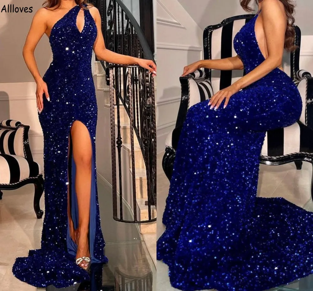 Niebieski wieczór Royal Seqeuined Sukienki dla kobiet jedno ramię seksowna pusta strona Special Party Suknie