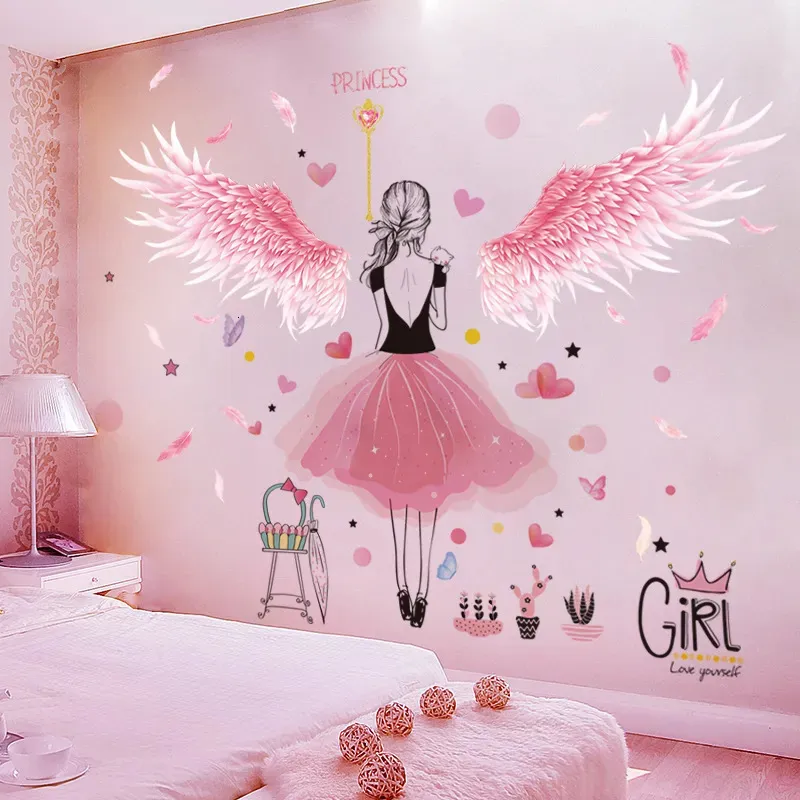 Wall Stickers Creative Pink Feathers Wings Wall Stickers DIY Cartoon Girl Wall Decals for Kids Rooms Kindergarten Nursery Home Decoration 231020