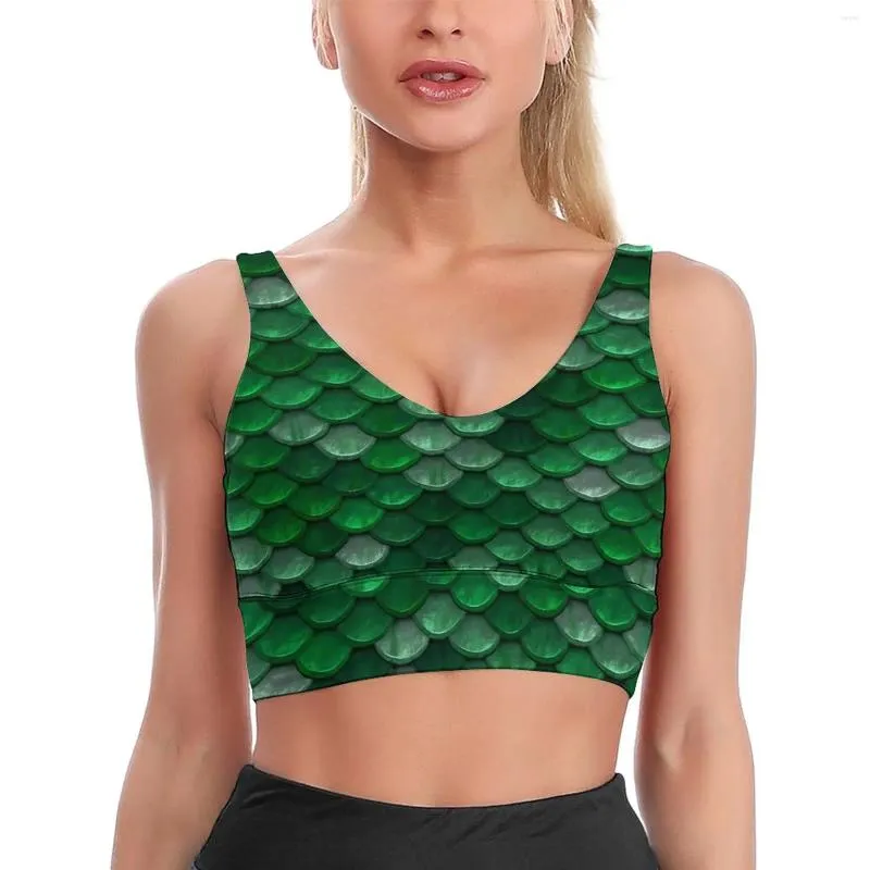 Yoga Outfit Vert Sirènes Sport Soutien-gorge Poisson Écailles Imprimer U Cou Entraînement Push Up V Dos Crop Bras Courir Haut Respirant Pour Les Femmes