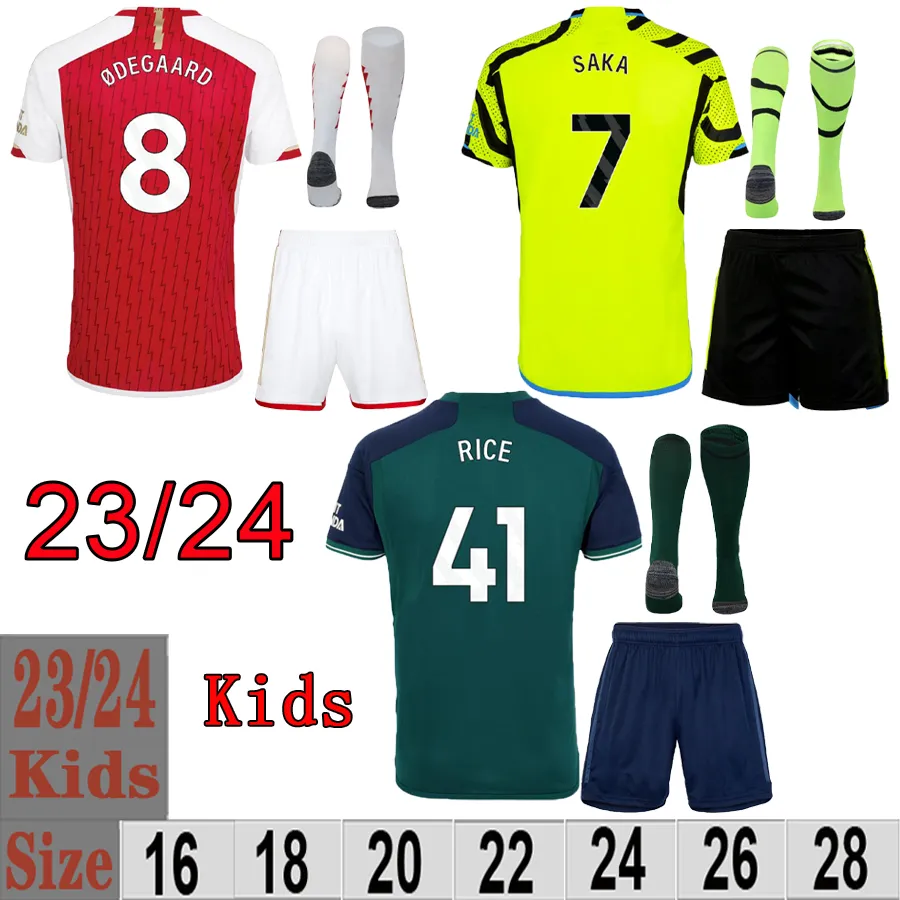 2023 2024 Arsen Saka Home Jerseys Degaard Trossard Jersey Kids Kit + Meias 23 24 Havertz Rice Camisas Away Camisa de Futebol Terceira Criança Conjuntos