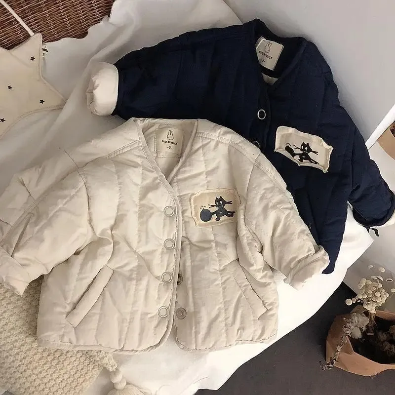 Пуховое пальто, корейская детская зимняя куртка, хлопковые пуховые парки для мальчиков и девочек, хлопковое пальто с милым принтом кота, плотное хлопковое детское пальто, теплое хлопковое пальто 231020