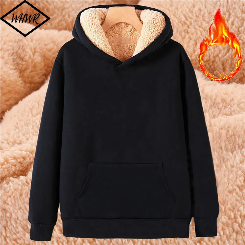 Mens Hoodies Sweatshirts Winter Thicken Men Lambwool Warm Hooded Pullover Unisex Long Sleeve Streetwear Casual Black Tops 231021