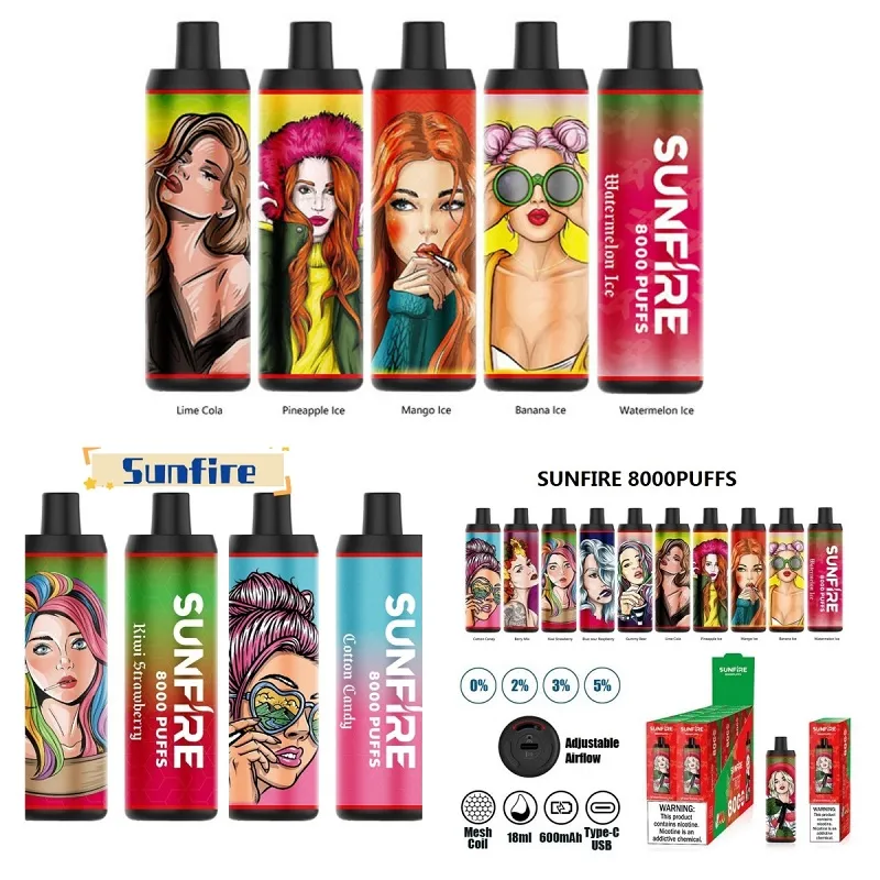 2023 Sunfire 8000 9000 10000 bouffées de vape jetables e-cigarettes batterie rechargeable à bobine de maille 0% 2% 3% 5% 10 saveurs en option batterie 600mAh préremplie 18ml Pod Big Vapor