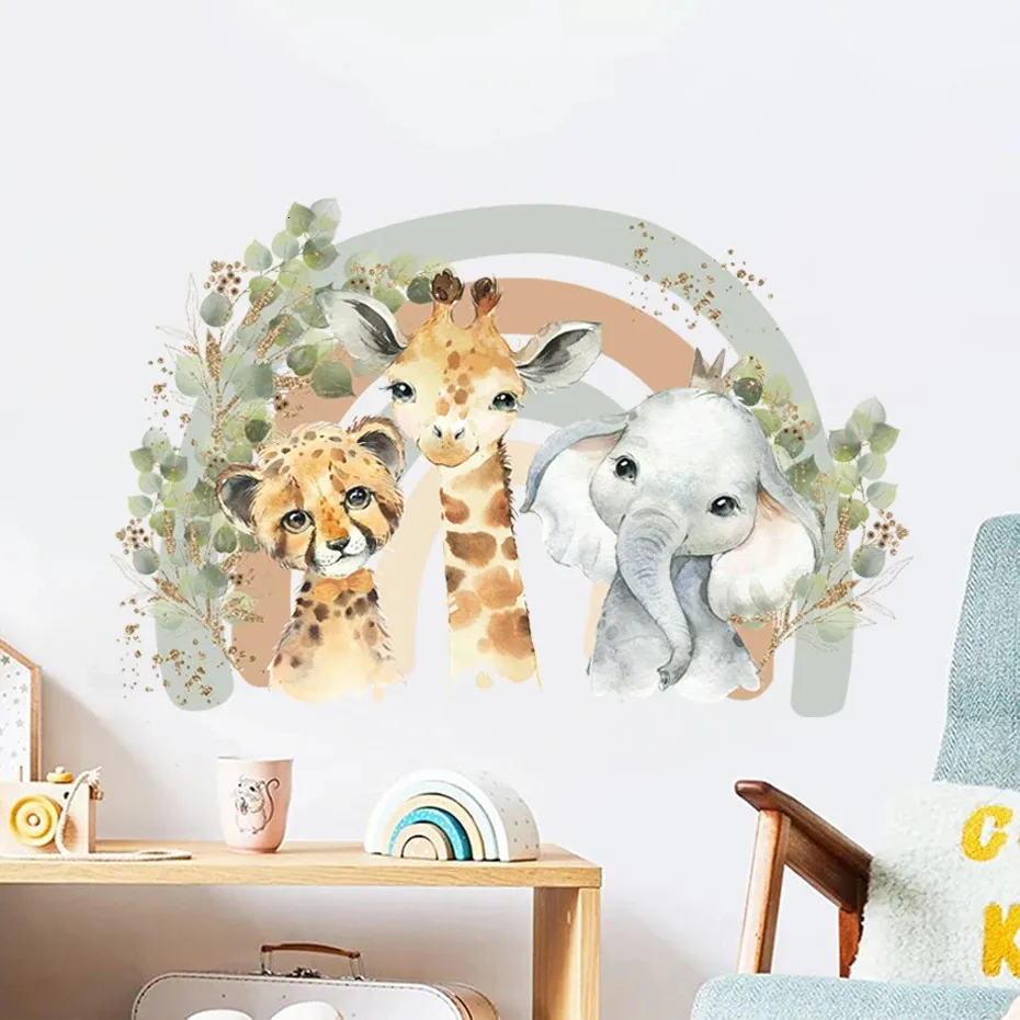 Wall Stickers Cartoon Cute Elephant Giraffe Rainbow Leaves Watercolor Wall Sticker Vinyl Baby Nursery Art Decals for Kids Room Home Decor 231020