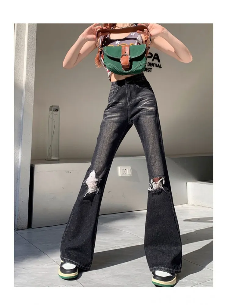 Черные универсальные персонализированные рваные расклешенные джинсы из денима