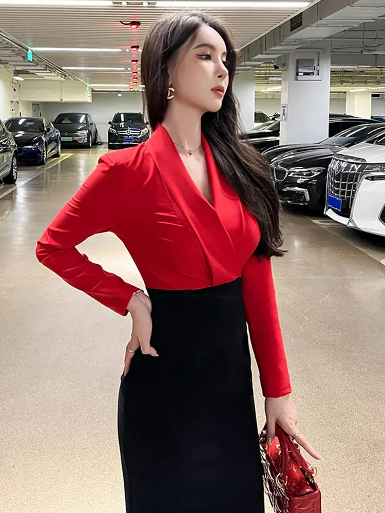 Elegant Red and Black Panelled Midi Dress for Women - Perfect for Casual, Office, and Business Wear in Summer and Spring - Slim Fit Vestido robe for