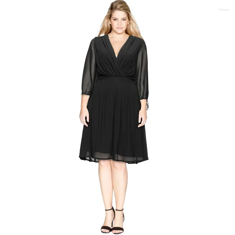 Abiti taglie forti Cintura posteriore Elegante abito estivo in chiffon nero Abito da festa Cotta pieghettata Collo casual da ufficio Grande linea ad A