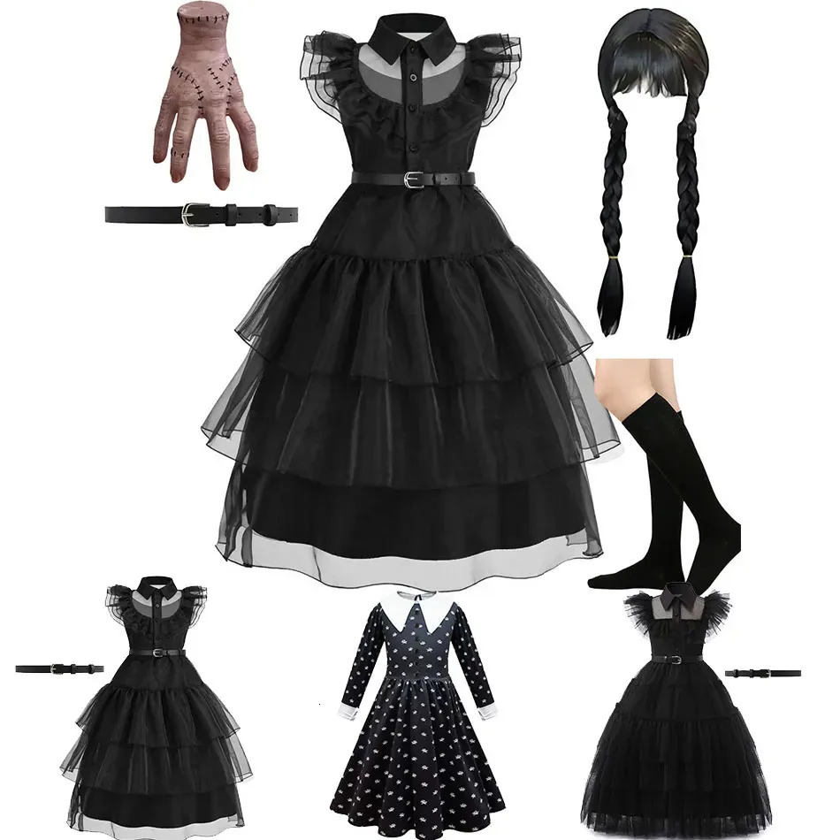 Meisjes Jurken Woensdag Jurk Kinderen Addams Halloween Zwart Familiekleding Kinderen Dansen Cosplay Kostuum Prinses Kerst Fantasy 231020