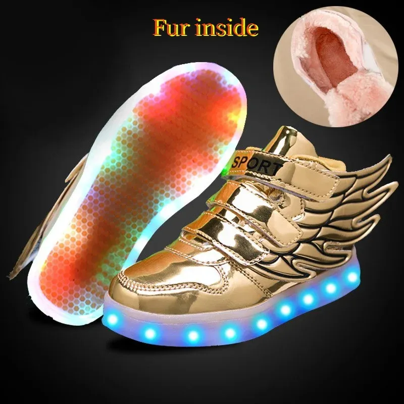 GAI Dress Unclejerry Children Glowing Wings for Boys and Girls LED Sneakers with Fur Inside Child Winter Shoes Christmas Gift 231020 GAI