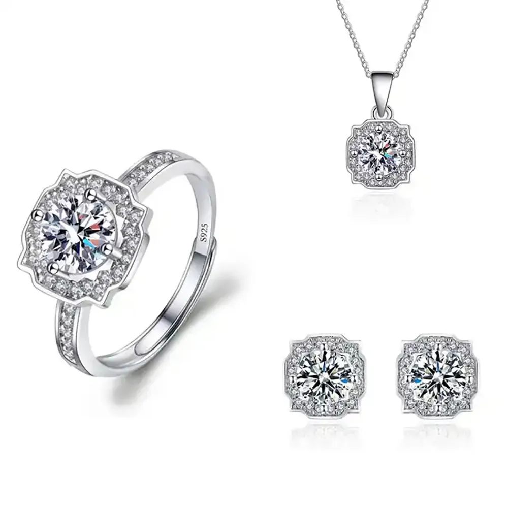 4pcs 세트 Moissanite 펜던트 목걸이 귀걸이 반지 링 세트 여성 파티 파티 파티 약혼 결혼 선물을위한 은색 크리스탈 패션 조절 가능한 지르콘 보석