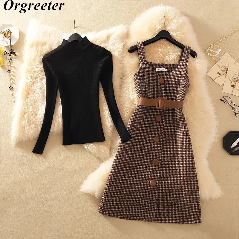 Zweiteiliges Kleid Zweiteiliges Kleid-Set für Damen, Herbst-Winter, einfarbiger Pullover und ärmellose knielange karierte Tweed-Kleider, Anzüge mit Gürtel 231020