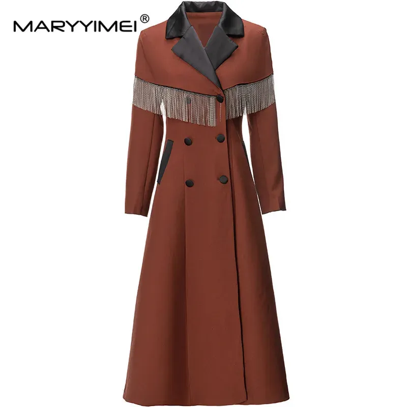 Wool wełna mieszanki Maryyimei Projektantka mody Autumn/Winter Cape Oreshwear Women's Lapel Classic Dost-Breasted Tassels Office Lady Trench płaszcz 231020