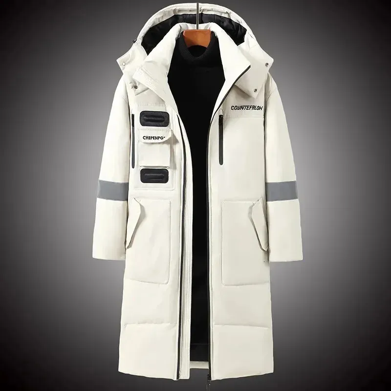 Мужские жилеты, зимняя длинная пуховая куртка Kpop Trend, толстая теплая белая утиная куртка, брендовая уличная одежда со съемной кепкой, парка 231020