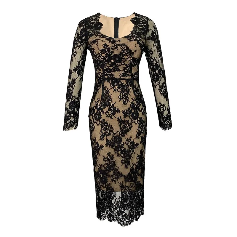 black lace dress with beige lining Tiered Lace Gown - Black main image 1