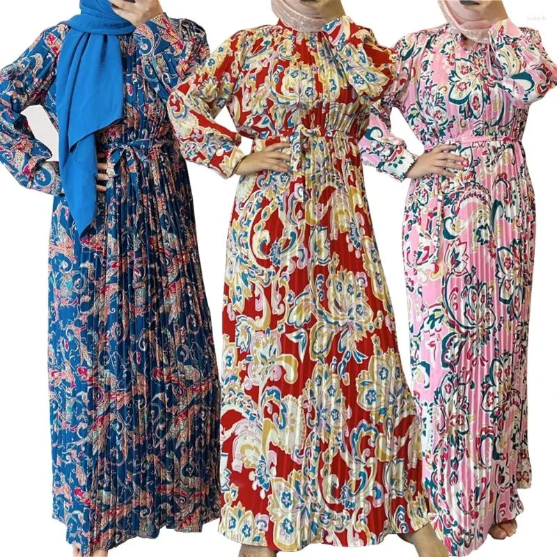 Roupas étnicas 2023 Primavera Mulheres Muçulmanas Plissadas Floral Impressão Vintage Maxi Vestido Turquia Partido Árabe Robe Dubai Islam Kaftan Noite Jalabiya