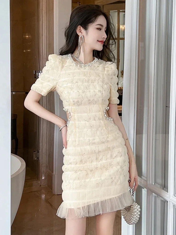 2024 Women's Casual Bodycon Dress with Mesh, pearl wedding, Diamonds, and Hollow Cut Out - Perfect for Prom, Parties, or Sweet Gowns