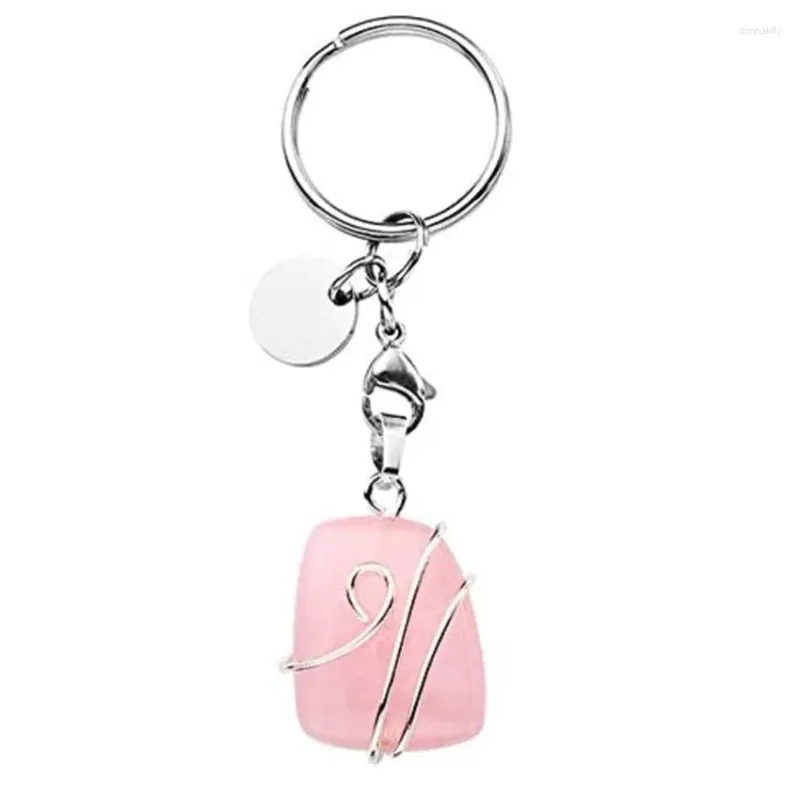 Nyckelringar Silverpläterad cirkeltråd Wrap Geometric Shape Amethysts Stone Key Chain Rose Pink Quartz Jewelry