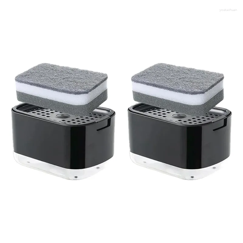 Dispensador de sabão líquido 2pcs dispensadores de prato com suporte de esponja empurrar caixa de armazenamento de bancada de cozinha durável