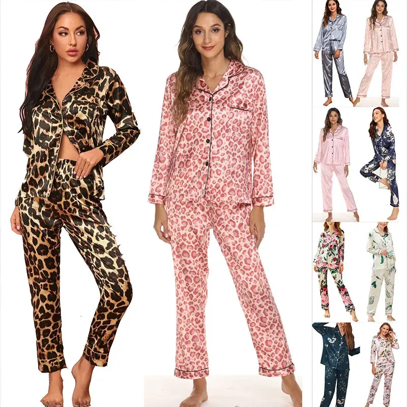 Pantaloni a due pezzi da donna Pigiama di seta Set per le donne Sleep Lounge Wear Pigiama femminile Leopard Fashion Lady Pantaloni a maniche lunghe Abbigliamento da notte Sexy Primavera 231021