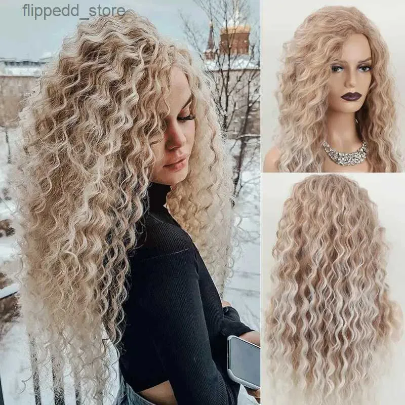 Ombre Blonde Extra Long Curly Wig Mixed White Middle Part Super Long Body Wave Wig Synthetic Fibre Hair Wig for Daily 32 Inch