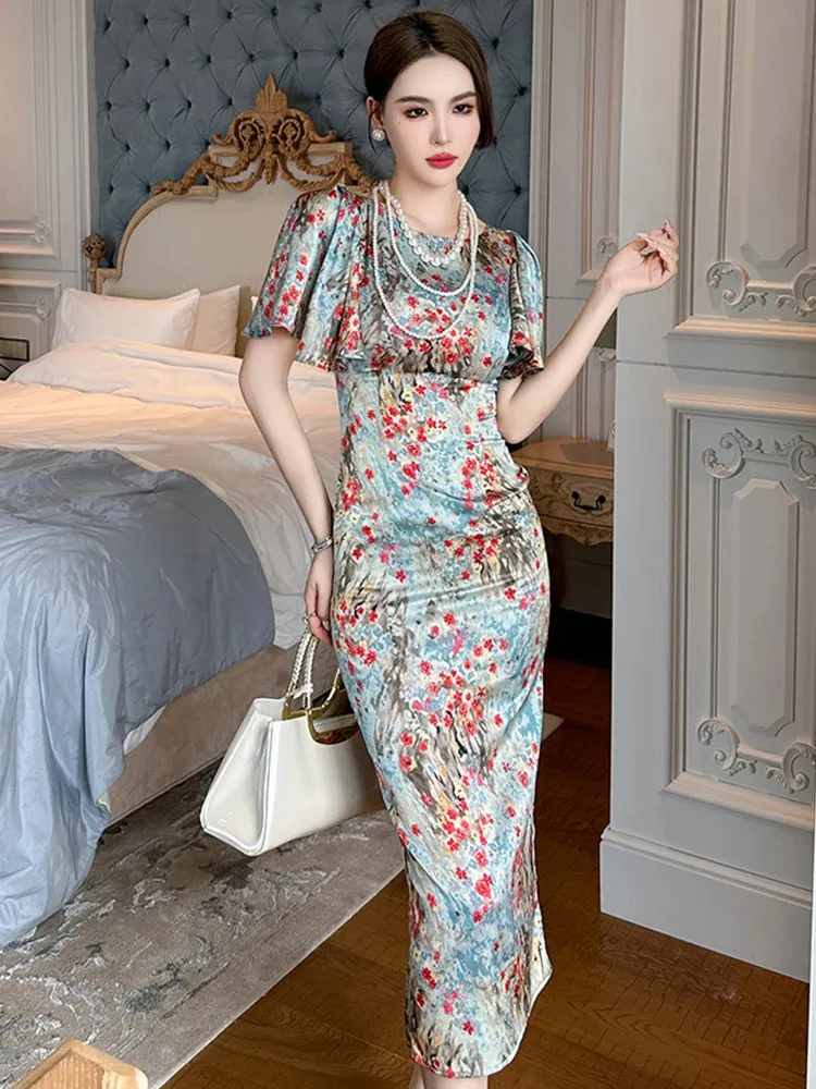 Basic Casual Women Dresses Women Elegant French Retro Maxi Dress Woman Flower Puff Sleeves Skinny Slit Long Robe Party Vestido Prom Banquet Gown Femme 2024