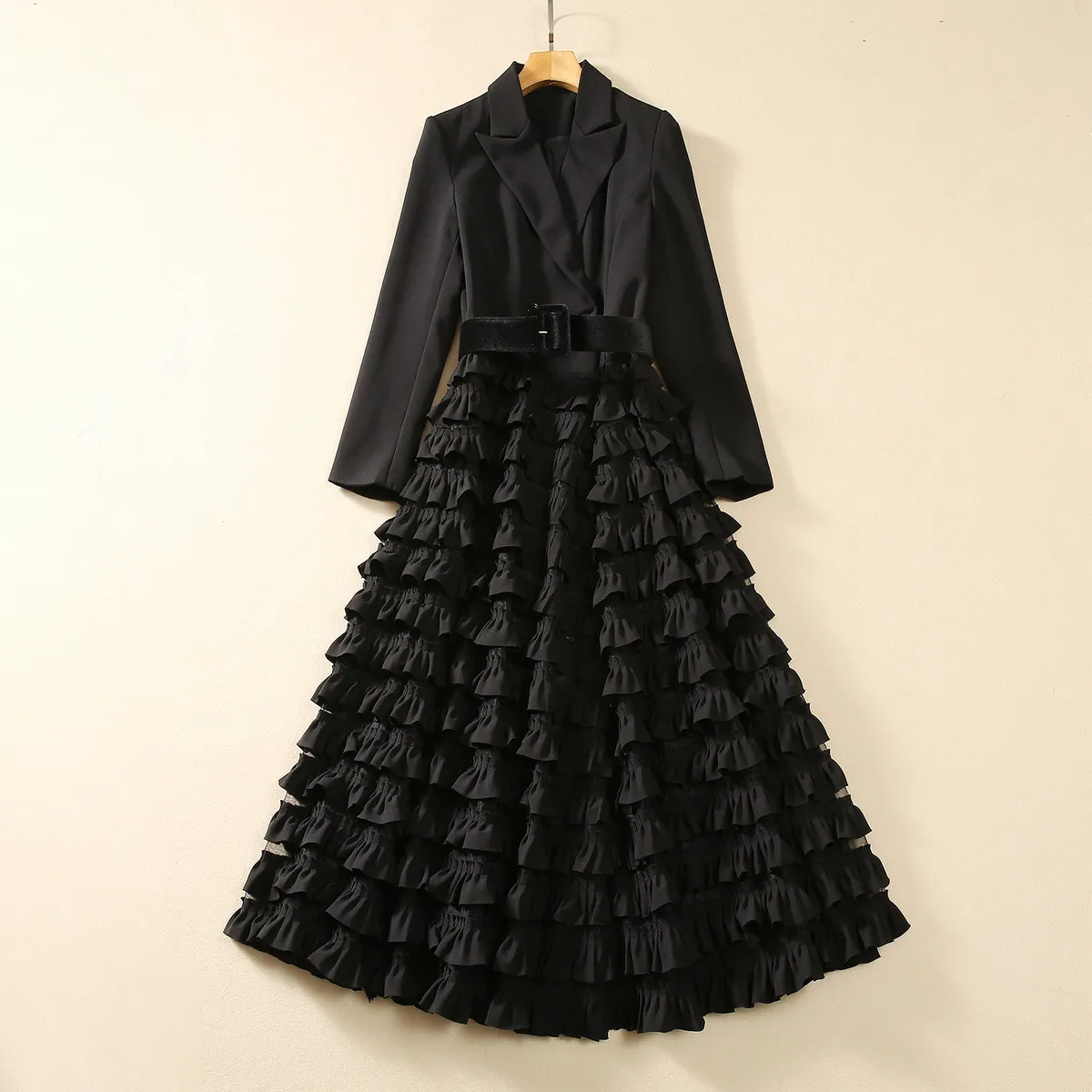 2023 Autumn Black Solid Color Belted Dress Long Sleeve Notched-Lapel Ruffled Long Maxi Casual Dresses S3O141011