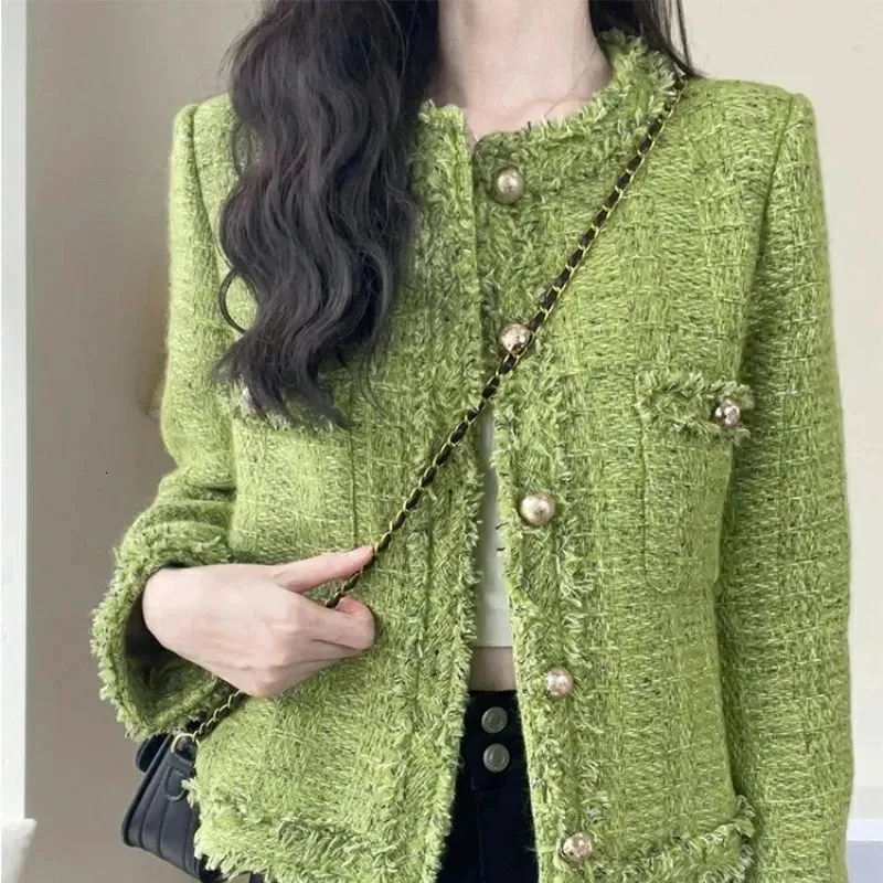 Tweed Coat Femmes Mélange De Laine Verte Courte Simple Veste