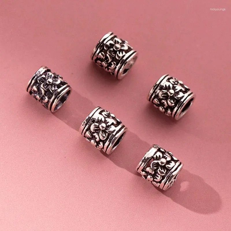 Loose Gemstones 2pcs/Lot S925 Silver Big Hole Flower Barrel Beads 5.5mm Handmade Bracelets Necklace Spacers Crafts DIY Retro Jewelry Make