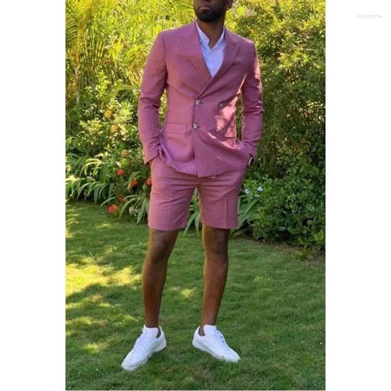 Herrenanzüge Rosa Kurze Hose Zweireiher Sommer Männer Anzug Hochzeit Bräutigam Tragen Kostüm Mariage Homme Prom Für Mann Jacke