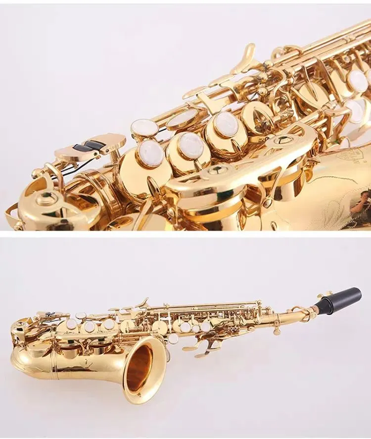 Saxofón soprano curvo profesional con llave B dorada, botón de carcasa chapada en Latón dorado, instrumento de tono de grado profesional