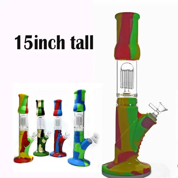 15 pouces de hauteur narguilé verre Bongs 8 bras arbre percolateur Silicone main fumer eau Bong 14mm Dab plate-forme Ashcatcher Bong