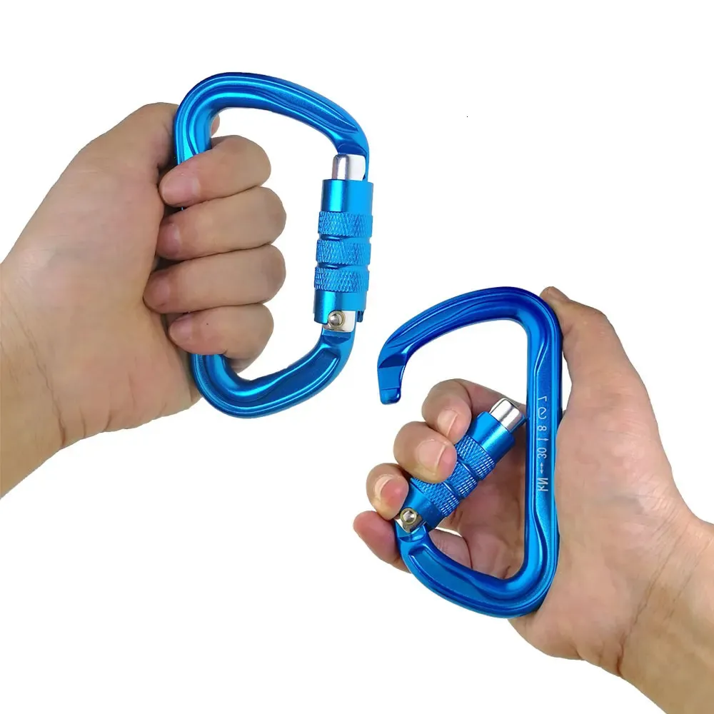 CARABINERS 30KN ROCK CLIMBING AUTO LOCKING CARABINER Blue D-formad Master Karabiner Hook för att klättra Caving Mountaineering Arborist Tree 231021