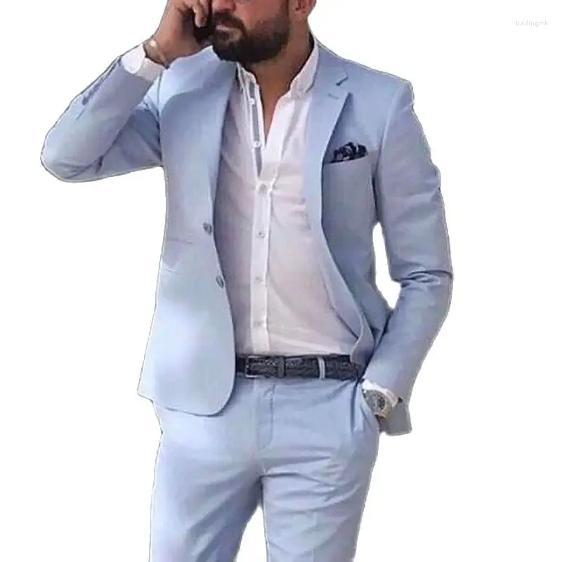 Herrenanzüge Sky Blue Leinen Strand Männer 2023 Sommer 2 Stück Slim Fit Bräutigam Smoking Für Hochzeit Männliche Mode Jacke mit Hosen