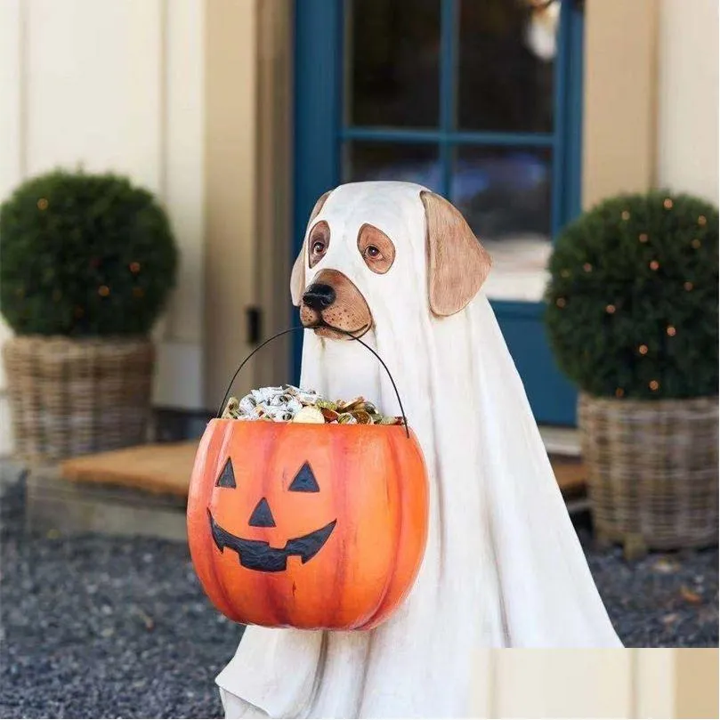 Sonstiges Zubehör für festliche Partys Sonstiges Zubehör für festliche Partys Halloween-Dekoration Harzfiguren Niedliche Welpen-Kürbis-Statue Pralinenschachtel G Dhfto