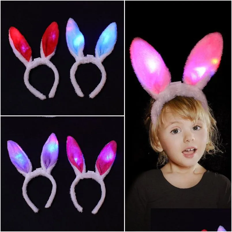 Party Favor LED Clignotant Fluffy Lapin Oreilles Bandeau Paillettes Coiffe Lapin Cosplay Head Wraps Halloween Noël Chapeaux D Dhlgi