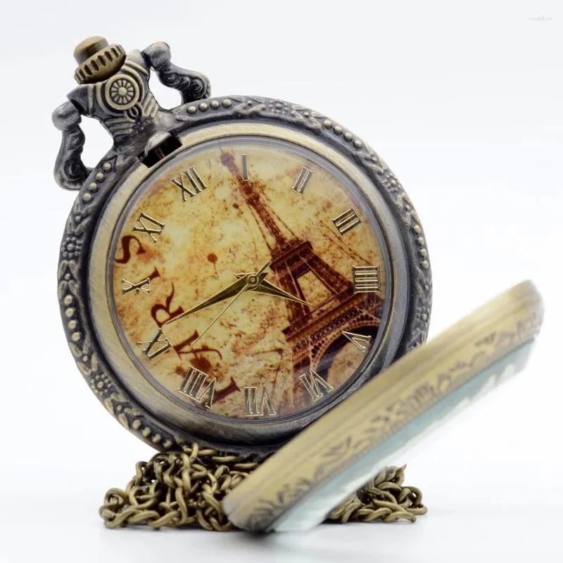 Montres de poche Antique Steampunk boîtier Transparent Paris montre à quartz pendentif collier chaîne hommes femmes analogique cadeau Relogio De Bolso