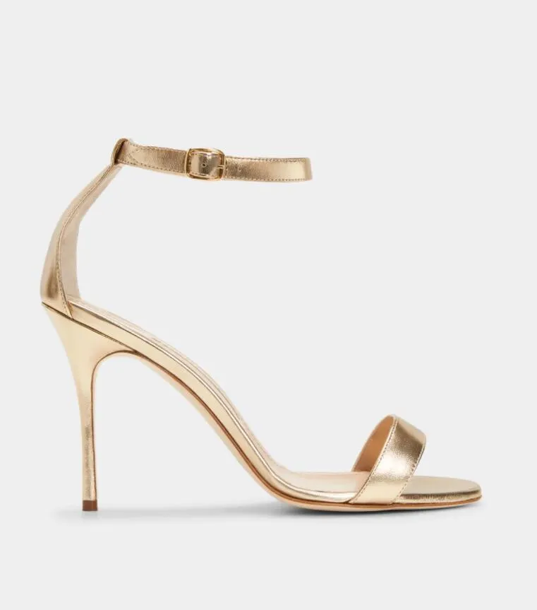 Kvinnor Sandal High Heels Chaos Nude Leather Sandal Metallic Ankle Strap Stiletto Sexig Lady's Pump Thin Heel Open Toe Summer Designer med Box 35-43