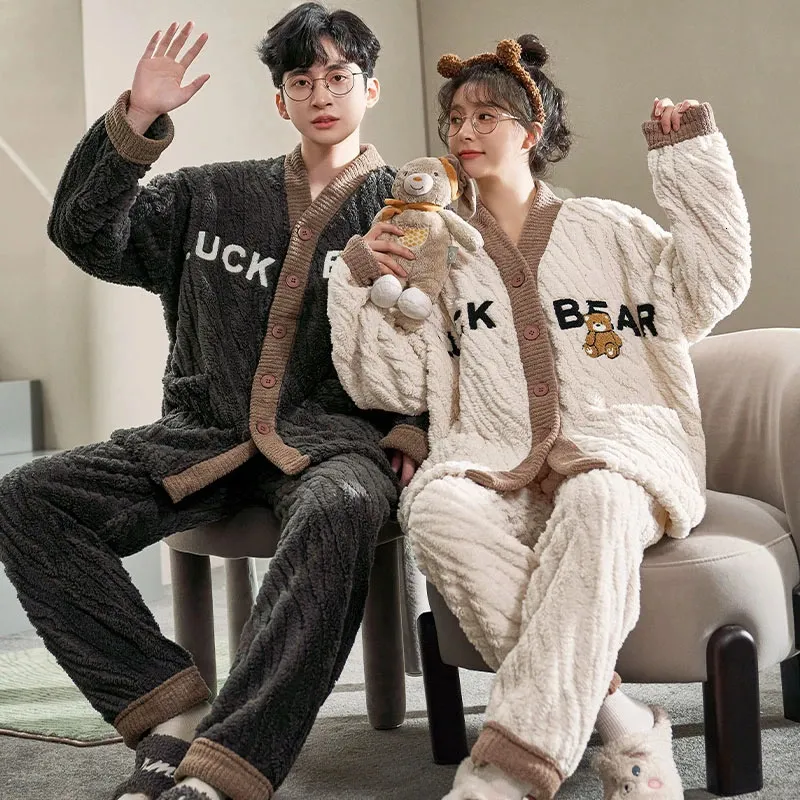 Women s Two Piece Pants Kawaii Bear Winter Sleepwear Couple Pajamas Set Women Men Button Cardigan Lovers Nightgown Pijama Loose House Clothes 231021