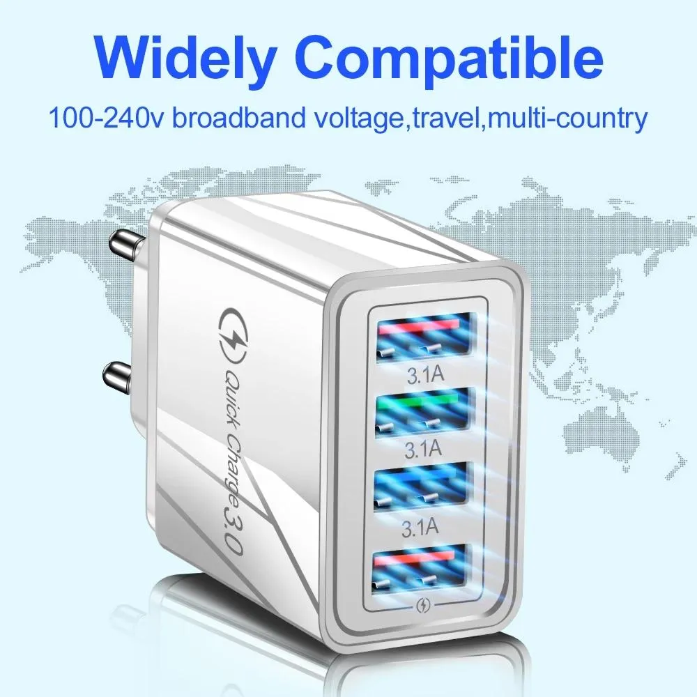 4 Ports Multiport USB 3.0 Wall  Quick  US EU Plug Adapter For  iPhone 12 xiaomi Tablet Portable Travel Mobile Phone Charging Block Fast Chargers