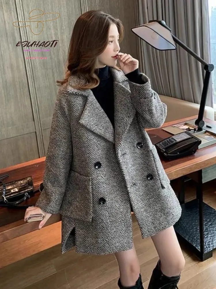 Women's Wool Blends Woolen tygrock 2023 Autumn Winter Korean British Style Retro Thicken Mid Length Version Woman Clothing 231020