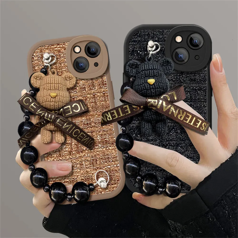 Casos de telefone celular coreano bonito dos desenhos animados 3d urso pulso cadeia de lã treliça soft case para iphone 15 14 13 12 pro max 11 x xs xr lente capa protetora 231021