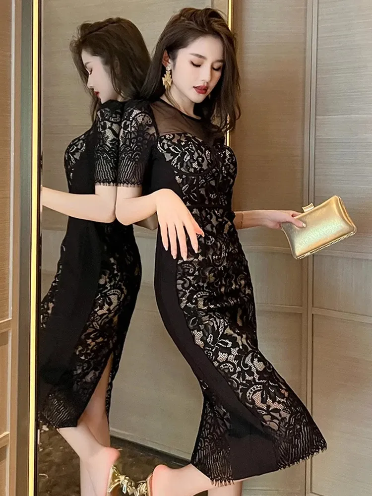 chinese dress ladies Make It Known Net Dress in Black Metallic main image 1